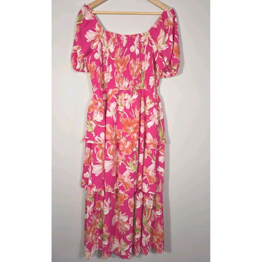 NWT BTFBM Pink Floral Smocked Maxi Dress Puff Sleeve Tiered Boho Women's L - Picture 12 of 12